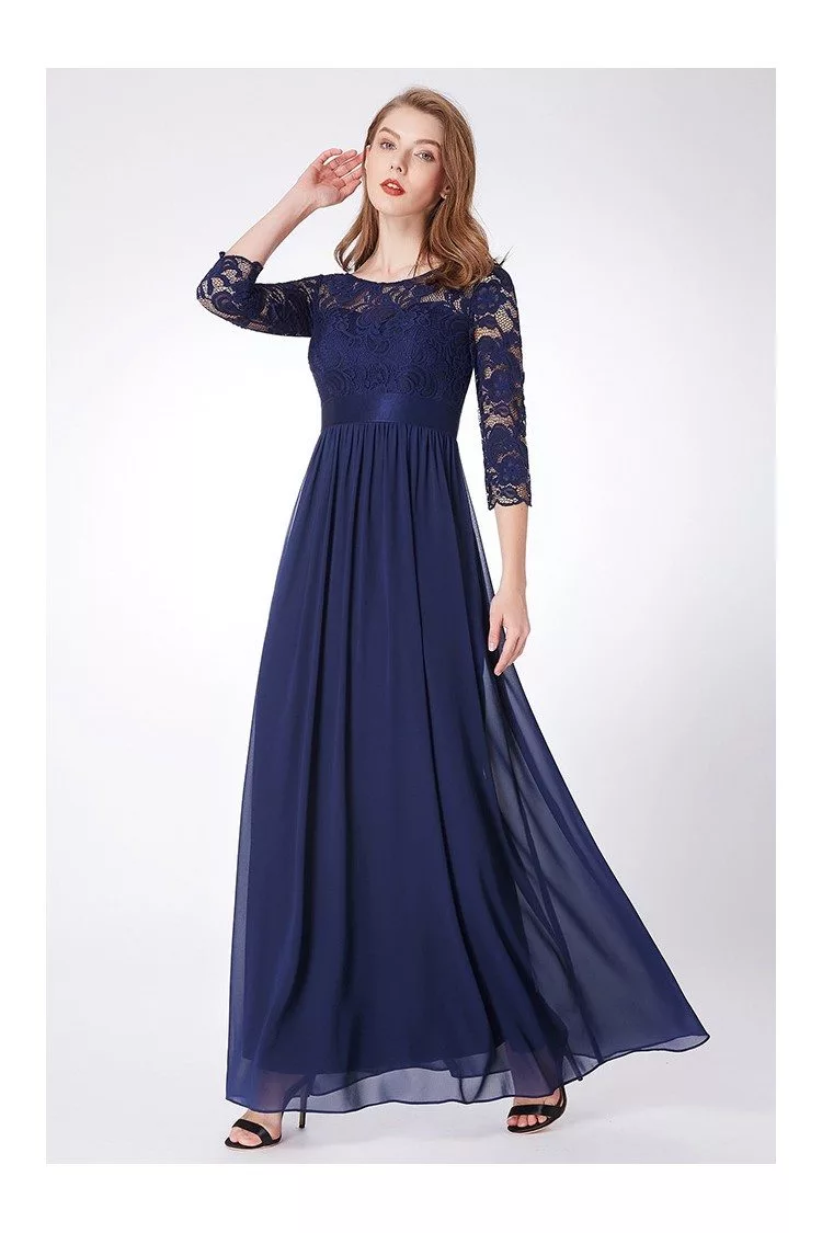 Empire Waist Navy Blue Lace Chiffon Formal Dress Long Sleeves - $64.86 ...