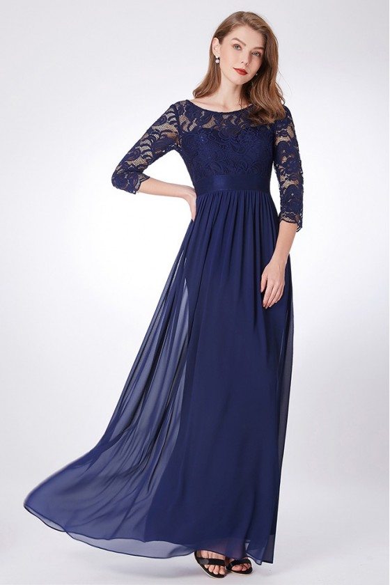 Empire Waist Navy Blue Lace Chiffon Formal Dress Long Sleeves - $69 # ...