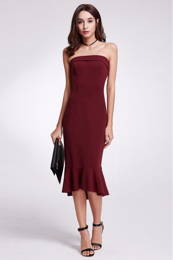 Burgundy Bodycon Strapless Fitted Casual Dress In Tea Length - $49 # ...