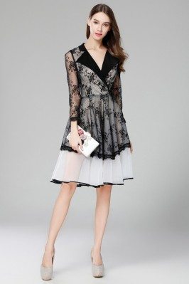 Vintage Black And White Lace Sheer Long Sleeve Short Dress