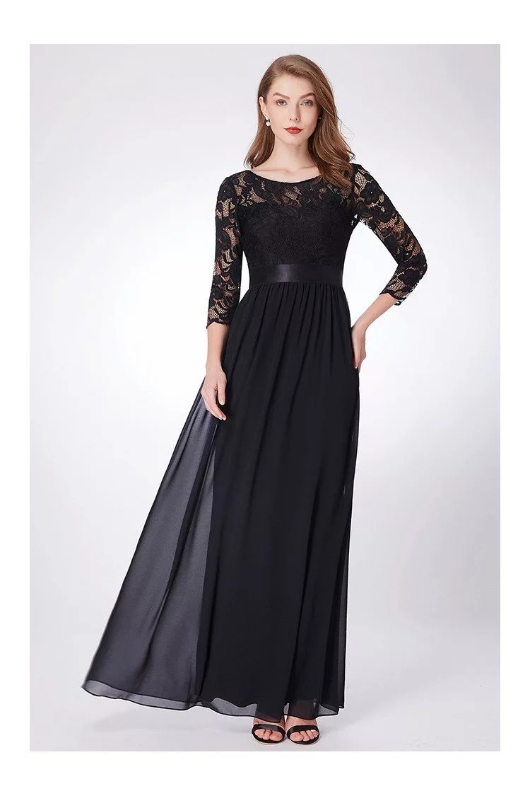 Elegant Black Chiffon Formal Dress With Long Lace Sleeves - $69 # ...