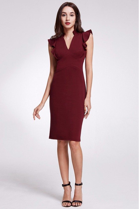 Modest V Neck Burgundy Short Formal Dress With Ruched Cap Sleeves - $57 ...