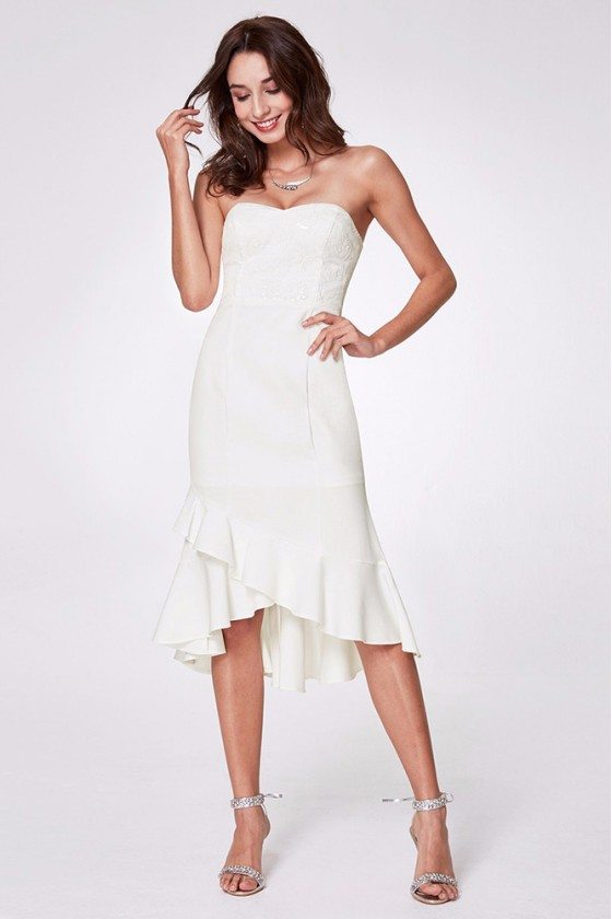 Hi Low Strapless White Short Party Dress With Lace Bodice - $61 # ...
