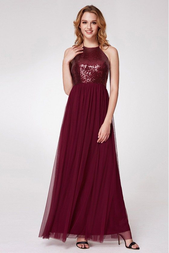 Burgundy Long Halter Formal Gown With Sequin Bodice - $57 #EP07286BD ...