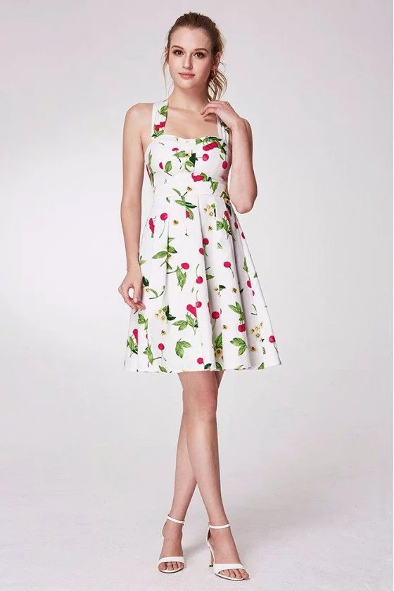 Unique Short Floral Print Party Dress With U Straps Neck - $49 # ...