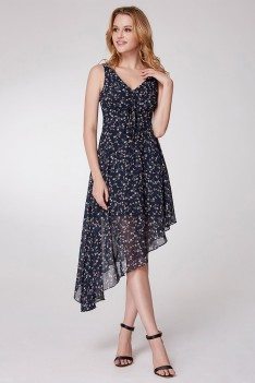 Romantic Flora Print Navy Blue Simple Chiffon Dress Hi Low - $64 # ...