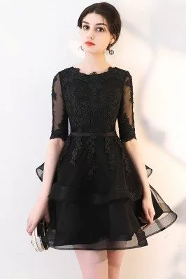 Black Lace Short Homecoming Party Dress with Ruffles Half Sleeved - MXL86033