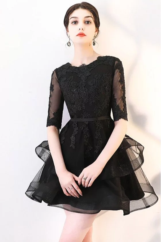 Black Lace Short Homecoming Party Dress with Ruffles Half Sleeved - $68 ...