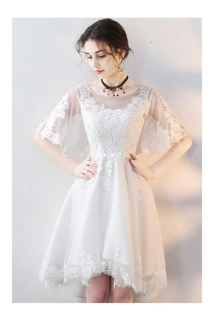 White Lace Short Party Dress High Low with Sleeves - $78.9768 #MXL86003 ...