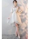 White Lace Short Party Dress High Low with Sleeves - MXL86003