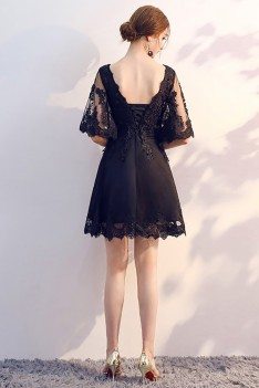 Black Lace Short Homecoming Dress Sheer Neckline with Sleeves - MXL86002