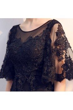 Black Lace Short Homecoming Dress Sheer Neckline with Sleeves - MXL86002