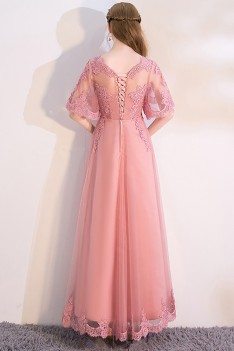 Pink Aline Long Party Dress with Appliques Puffy Sleeves - MXL86046