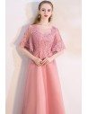 Pink Aline Long Party Dress with Appliques Puffy Sleeves - MXL86046
