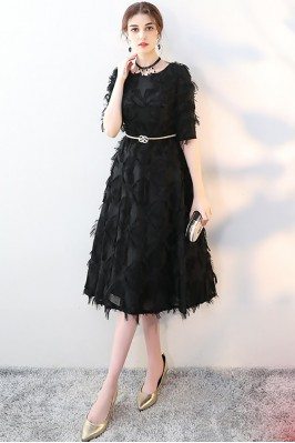 Unique Black Tea Length Party Dress Sleeved with Feathers - MXL86039