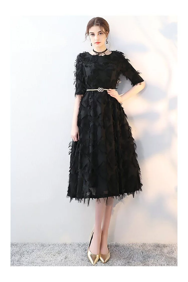 Unique Black Tea Length Party Dress Sleeved with Feathers - $78.1 # ...