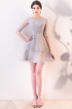 Grey Lace Ruffled Short Homecoming Dress Aline with Sleeves - MXL86074