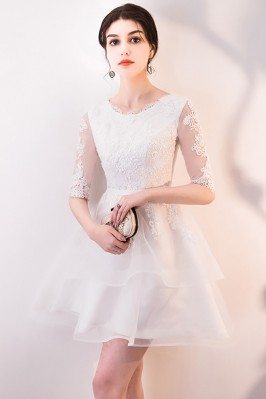 Short White Lace Ruffled Homecoming Dress with Half Sleeves - MXL86045