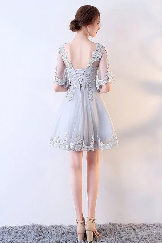 Grey Lace Short Tulle Party Dress with Sleeves - $75.9816