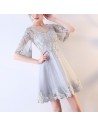 Grey Lace Short Tulle Party Dress with Sleeves - MXL86006
