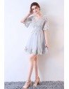Grey Lace Short Tulle Party Dress with Sleeves - MXL86006
