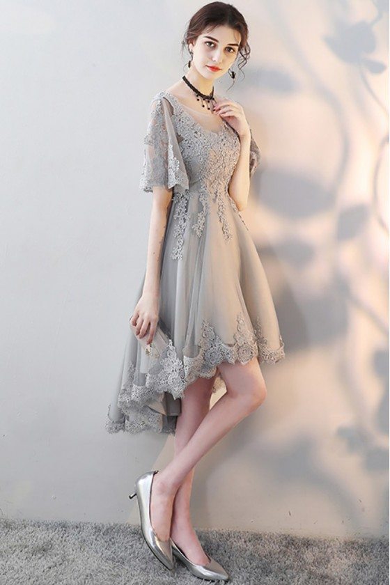 Elegant Grey Lace Homecoming Party Dress with Lace Sleeves - $78.9768  #MXL86001 - SheProm.com