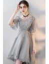 Elegant Grey Lace Homecoming Party Dress with Lace Sleeves - MXL86001