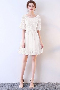 Short White Lace Aline Homecoming Dress with Sleeves - MXL86008