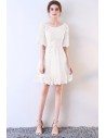 Short White Lace Aline Homecoming Dress with Sleeves - MXL86008