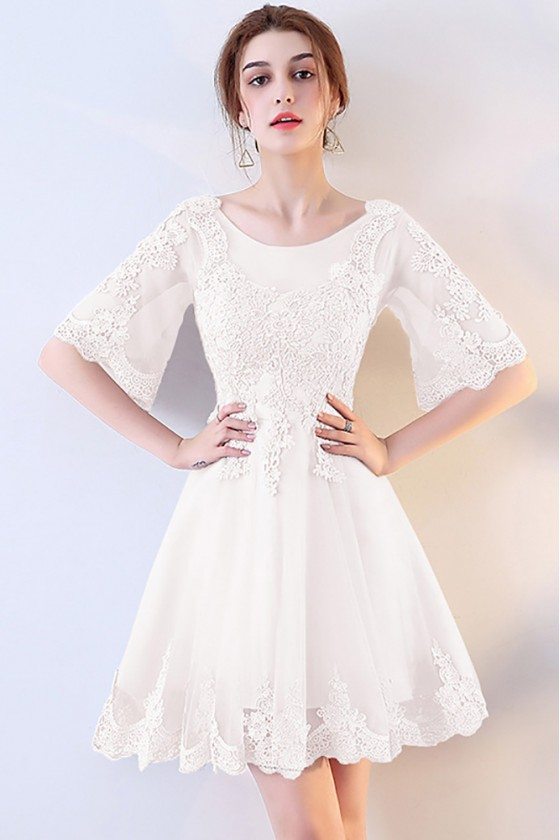 Short White Lace Aline Homecoming Dress with Sleeves - $75.9816 # ...