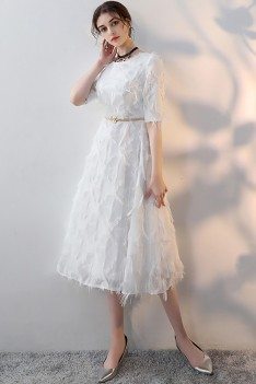 White Feathers Midi Length Party Dress with Sleeves - $78.1 #MXL86031 ...