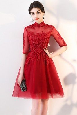Red Lace Burgundy Red Homecoming Prom Dress Tulle with Sleeves - MXL86066