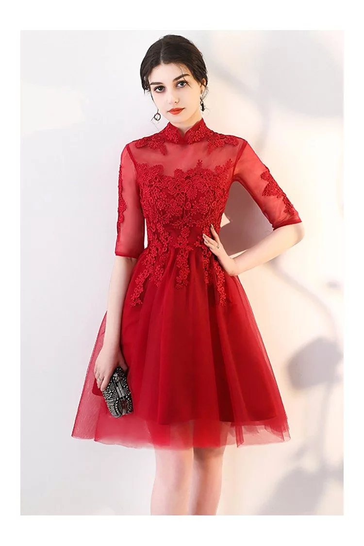Red Lace Burgundy Red Homecoming Prom Dress Tulle with Sleeves - $78.1 ...