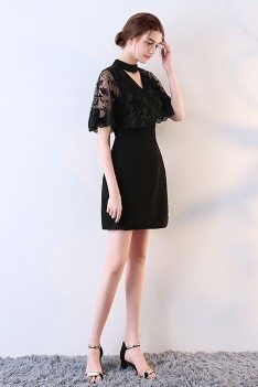 Sheath Little Black Lace Cocktail Dress with Cape - MXL86019