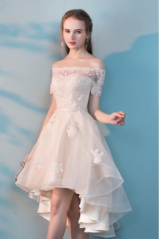Champagne Lace Up Evening Gown Floral Lace Short Homecoming Dress For Women  V Neck Long Sleeve Lace Dress