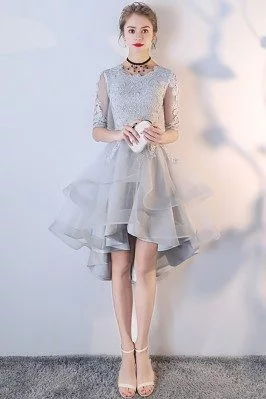 Grey Lace Sleeved Homecoming Prom Dress with Ruffles - MXL86018