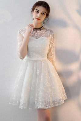 White Embroidered Aline Short Homecoming Party Dress with Sleeves - MXL86065