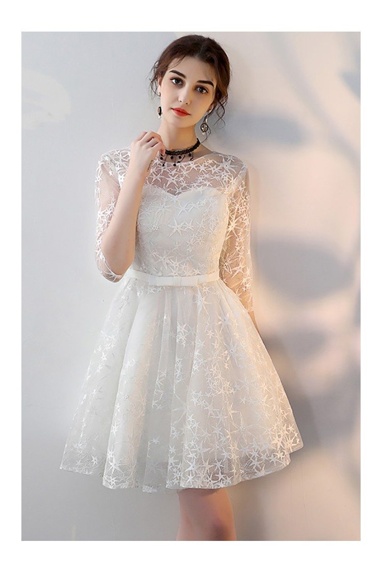 White Embroidered Aline Short Homecoming Party Dress with Sleeves - $75 ...