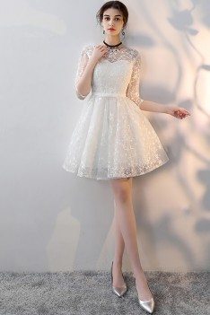 White Embroidered Aline Short Homecoming Party Dress with Sleeves - MXL86065