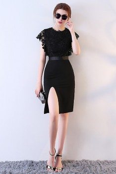 Sexy Fitted Side Slit Black Party Dress with Lace - MXL86015