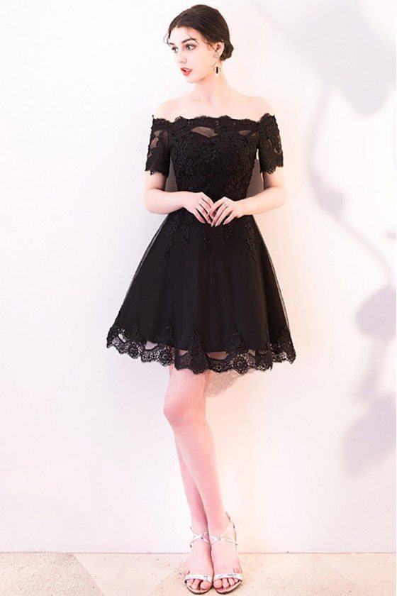Short Black Lace Homecoming Dress with Off Shoulder Sleeves - MXL86077
