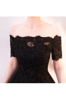 Short Black Lace Homecoming Dress with Off Shoulder Sleeves - MXL86077