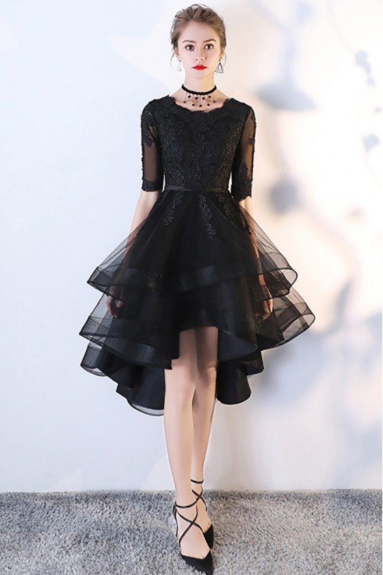 Black Tulle Homecoming Prom Dress with Lace Sleeves - MXL86007