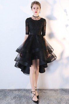 Black Tulle Homecoming Prom Dress with Lace Sleeves - MXL86007