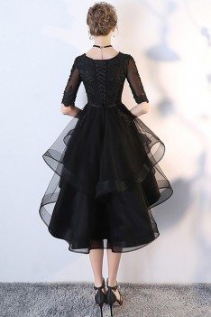 Black Tulle Homecoming Prom Dress with Lace Sleeves - MXL86007