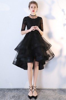Black Tulle Homecoming Prom Dress with Lace Sleeves - MXL86007
