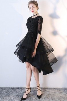 Black Tulle Homecoming Prom Dress with Lace Sleeves - MXL86007