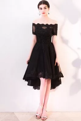 Black Lace Off Shoulder Homecoming Dress High Low with Sleeves - MXL86060