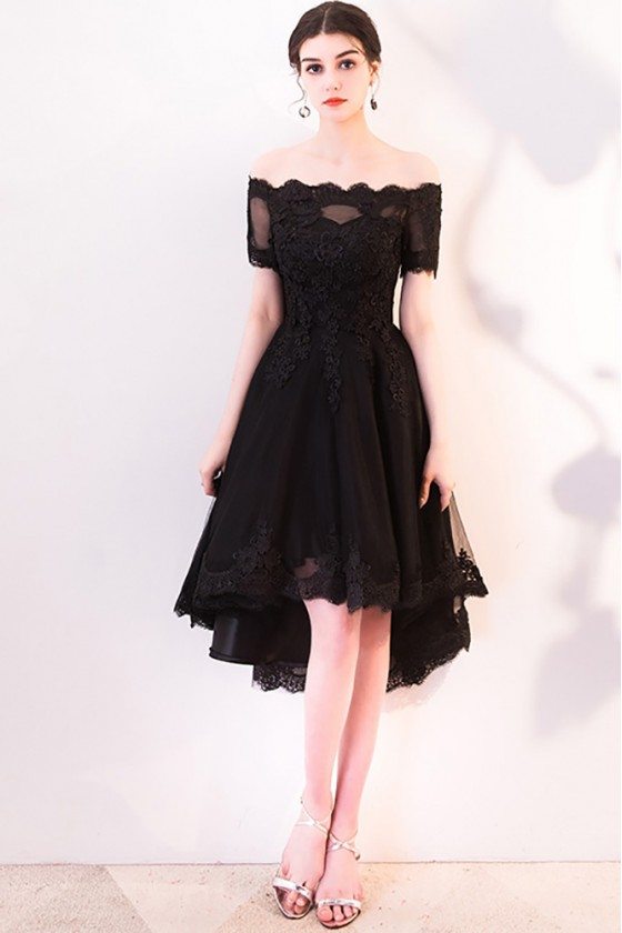 Black Lace Off Shoulder Homecoming Dress High Low with Sleeves - MXL86060