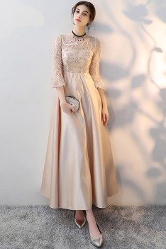 Champagne Long Formal Dress Aline with 3/4 Sleeves - MXL86078